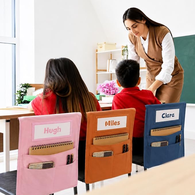 36pcs for Classroom 16.3x19.7inch Classroom Chair Pockets with Name Tag 3 Pockets Chair Organizer for Teacher Student School Office(Groovy)