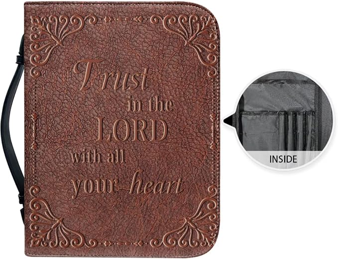 Retry Style Cross Bible Case with Bookmark Waterproof Bible Cover Case for Women Lightweight Bible Bag with Handle Pockets Church Book Bag Brown