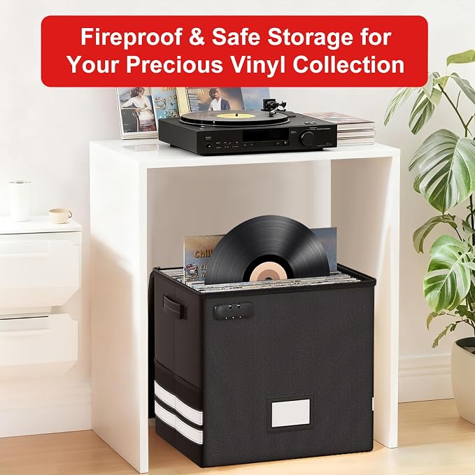 Vinyl Record Storage Box with Lock, 2 Packs Fireproof & Water-Resistant Record Organizer for 100+ 12-inch Vinyl Albums, Collapsible Crate with Lid & Handles, 13"x13"x13" Record Case