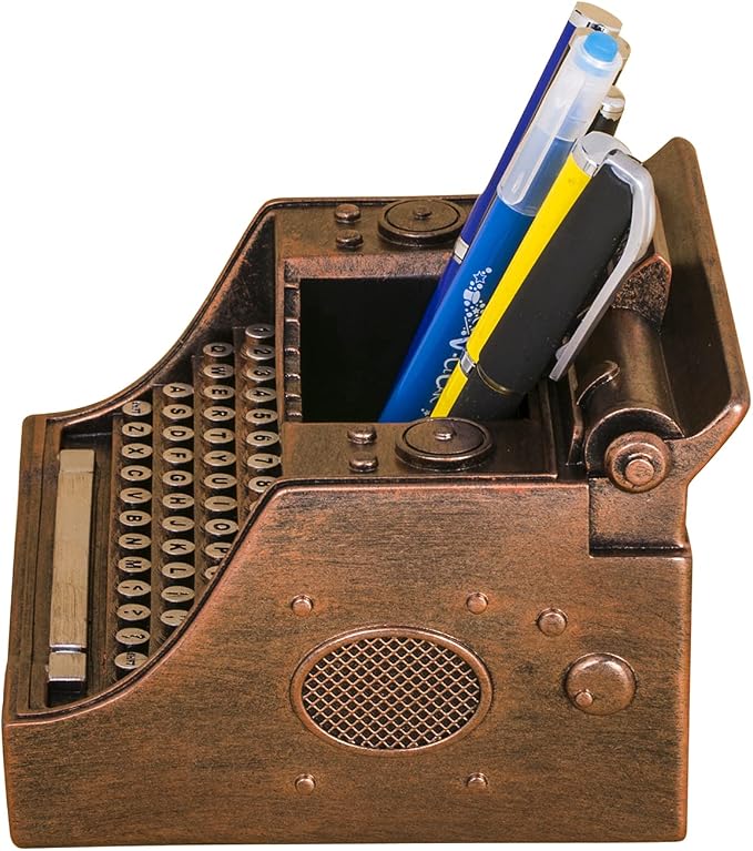 Retro Typewriter Pen Holder Vintage Desk Accssories Unique Cool Gifts for Writer Typewriter Lovers and Secretary Cute Funny Pencil Cups for Office Home School (Bronze)