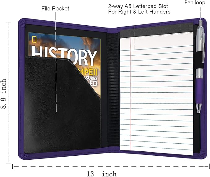 Classic Padfolio/Junior Portfolio Folder Case, Business A5 Leather Organizer Binder for Men Women, A5 Writing Pad Included, Dark Purple