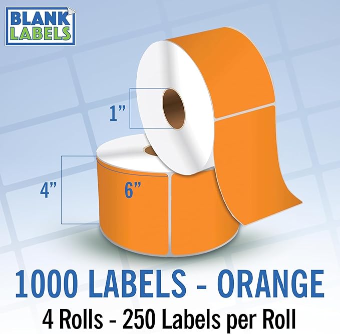 4" X 6" Direct Thermal Shipping Labels | Orange | 1" Cores w/Perfs Easy Tear | Made in USA | Printing Label | 1000 Labels | 250 Labels per Roll | 4 Rolls | Blank Labels