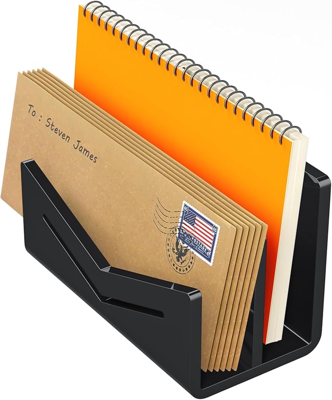 Beego Envelope and Mail Organizer Countertop - 2 Compartments Black Acrylic Desk Organizer Letter Holder Desktop File Sorter Bill Document Folder Rack for Office, Home, School Desk Organization