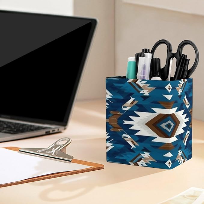 Fashion Pencil Pen Holder Cup, Waterproof Office Supplies, Waterproof Multifunctional Office Supplies Blue Geometric Tribal Navajo Aztec Ethnic