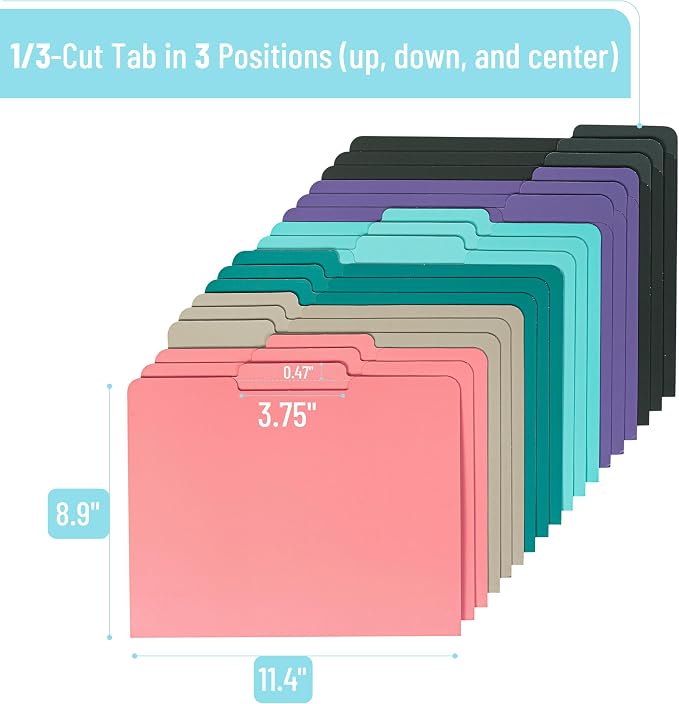 Mr. Pen- File Folders with Tabs, 1/3 Cut Tab, 18 Pack, Letter Size, 6 Different Jewel-Tone Colors, File Folders Letter Size