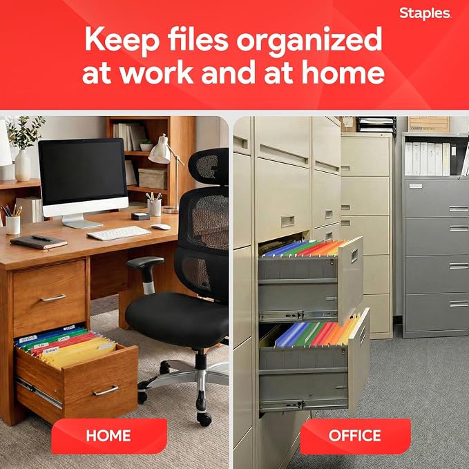 Staples Hanging File Folders, Letter Size, 1/5‑Cut Tabs, Assorted Colors, Adjustable Tabs with Paper Inserts – 25/Pack