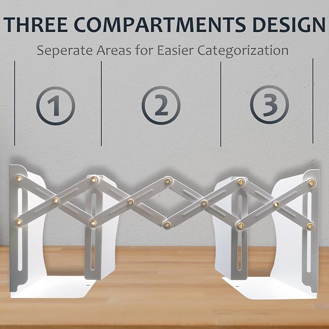 Metal Bookends, Book Ends for Heavy Books, Adjustable Book Holder for Shelves, Book Stopper for Home/School/Office, Extends up to 19 inches, White