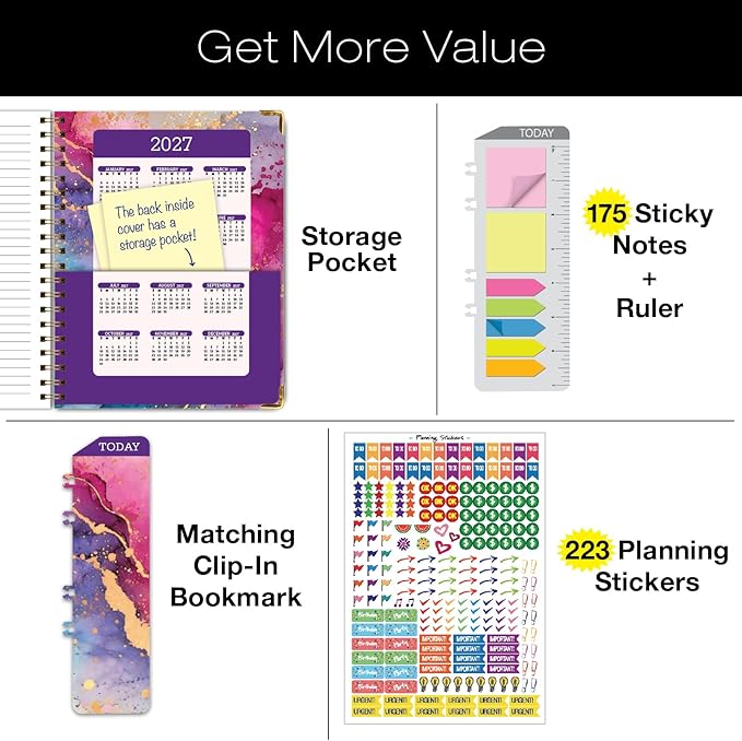 HARDCOVER Academic Year 2026-2027 Planner: 14 Months (May 2026 Through June 2027) 8.5"x 11" Daily Weekly Monthly Planner Yearly Agenda. Bookmark, Pocket Folder and Sticky Note Set (Rainbow Gold Marble)