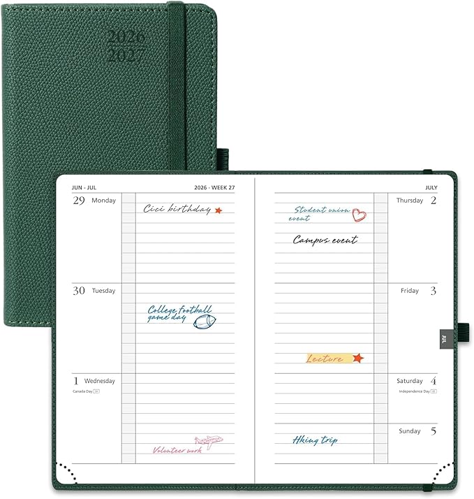 POPRUN 2026-2027 Pocket Weekly Planner Calendar, Size 4'' x 6.25'', Academic Planner (Jul 2026 - Jun 2027) Horizontal Layout with Lined Sections, Leather Hardcover, 100GSM Paper - Forest Green