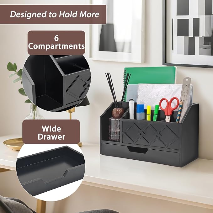 Black Wooden Mail Organizer with Drawer, Three Tiered Desk Accessories for Office Organization and Storage, Stylish Countertop Document Storage, Home/Office/Classroom Supplies (Black02)