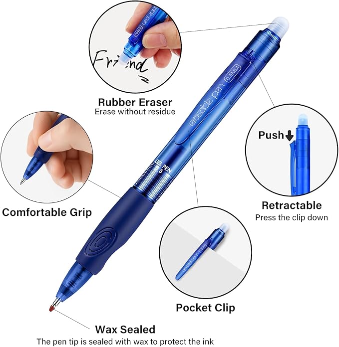 EUSOAR Erasable Gel Pens, 24 Pack (12 Black & 12 Blue) Erasable Pen Smooth Writing 0.5mm, Dry Erase Pens Clicker Fine Point for Office School Note Taking Planner Sketching Crossword Puzzles