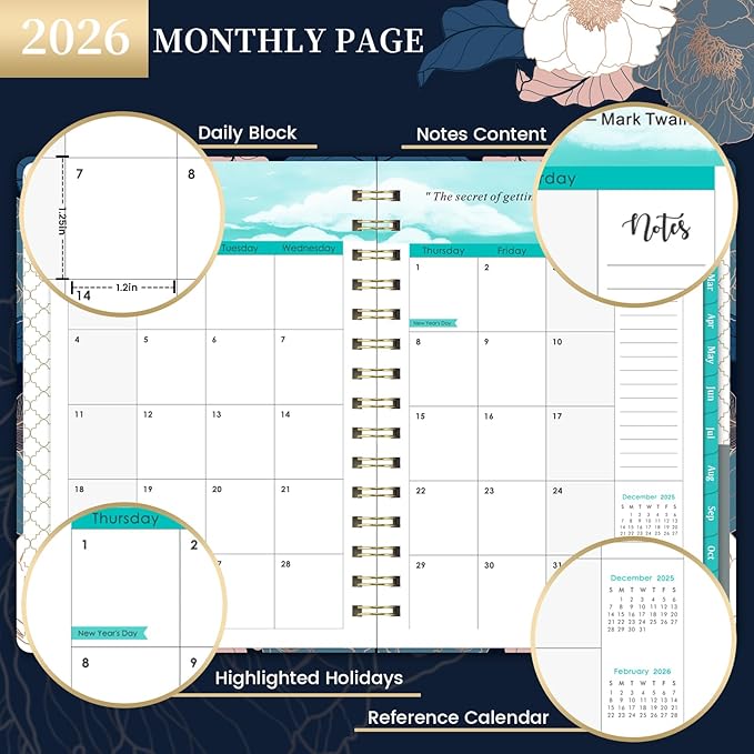 2026 Planner - Jan. 2026 - Dec. 2026, 2026 Planner Weekly and Monthly with Tabs, 6.3" x 8.4", Planner 2026, Hardcover with Back Pocket + Thick Paper + Twin-Wire Binding, Perfect Daily Organizer