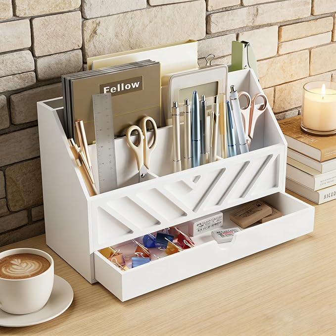 SRIWATANA White Mail Organizer Countertop, 5 Slots Mail Holder with Drawer, Office Desk Organizer, Letter Sorter File Bill Holder Paper Storage for Home Office School