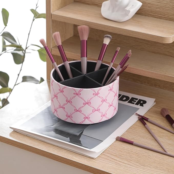 Cute Rotating Table Remote Control Holder, 360 Spinning PU Leather Remote Organizer and Makeup Brush Holder, Aesthetic Room Decor Storage Caddy for Nightstand, Pink Bow PH131