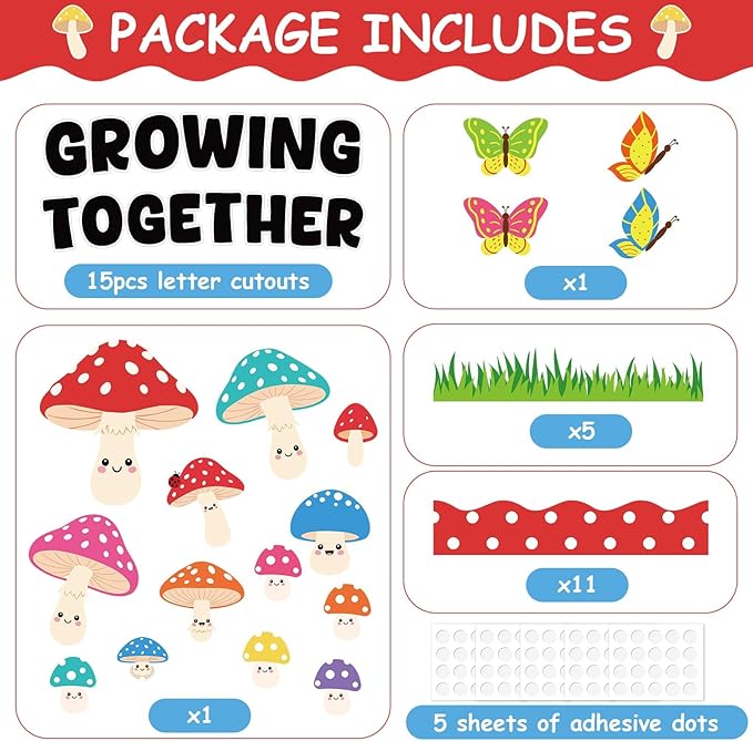 Mushroom Bulletin Board Decorations Colorful Mushrooms Cutouts Growing Together Bulletin Board Summer Classroom Decor Butterflies Cutouts for Spring Student Door Wall Back to School Supplies