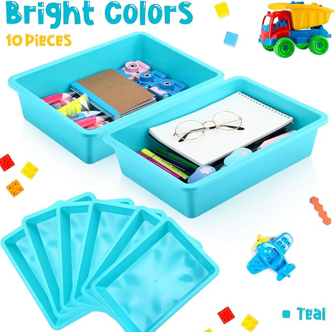 Hoteam 10 Pcs Flat Storage Organizer Tray Bin Paper Tray for Classroom Plastic Stackable File Organizer for School Office Teacher Book Organization(Teal,13.78 x 9.84 x 3.15 Inch)