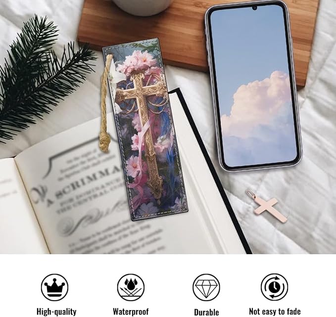 Floral Cross Bookmark Set of 2 for Bibles, Books Leather Bookmarks for Women Book Lover Bookish Book Marker with String for Bookworms Bookmarks Accessories Pink