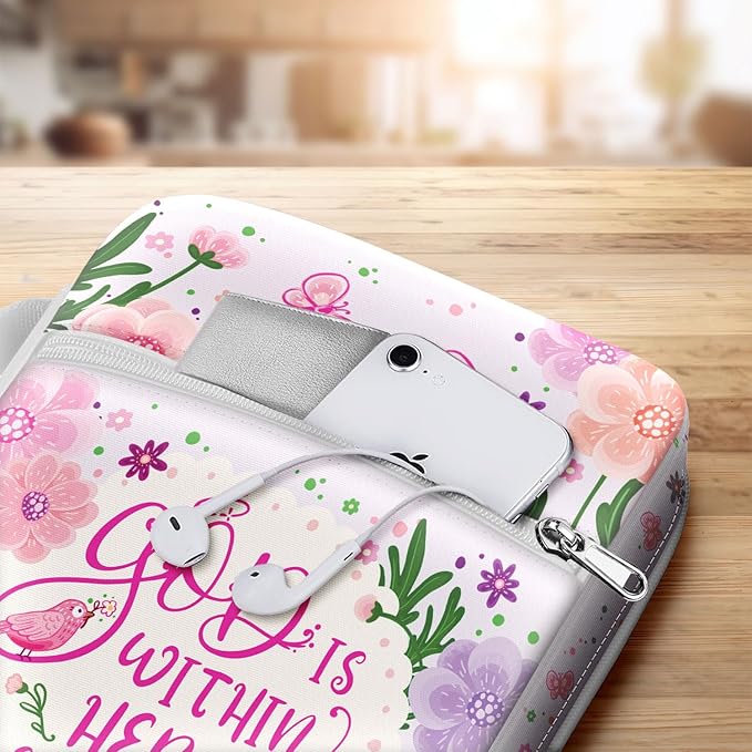 God Is Within Her Bible Cover for Women, Floral Canvas Bible Case with Handle and Zipper Pocket, Fits Standard Size, Christian Gift for Girls and Bible Study Use