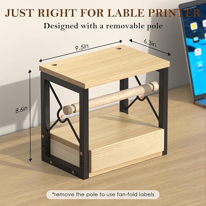 Label Roll Holder & FanFold Labels with Drawer, Wooden Label Holder for Thermal Printer Stand, Thermal Label Holder for Desktop Label Printer, Sticker Roll Holder for Home, Office, Work