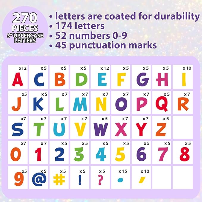 270Pcs 3In Bulletin Board Paper Letters and Numbers, Capital Letters, Numbers, Punctuation Card Stock Punch Out Letter for Classroom Poster Bulletin Board Window Door Home Decor Mailbox Sign, Colorful
