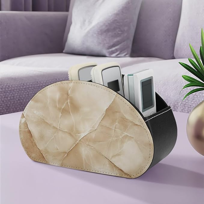 Beige Marble Remote Control Holder with 5 Compartments Leather TV Remote Caddy Remote Storage Box Desktop Organizer for Pen/TV Remotes/Media Controllers/Office Supplies