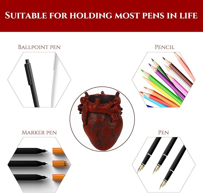 Anatomical Heart Pencil Holder, Red Resin Organ-Shaped Pen Cup Desk Organizer, Realistic Human Heart Decor, Stable Base