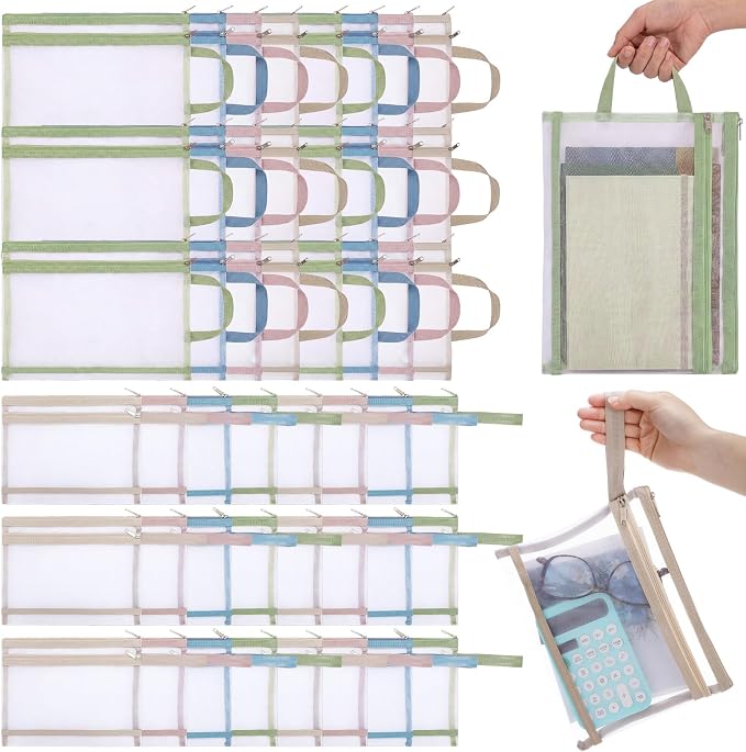MotiMind 48 Pack Double Layer Mesh Zipper Pouch Bags A4 & A5 Large Capacity Zipper Mesh Bags for Organizing Storage Colored Storage Pouch with Handle for School Office and Home