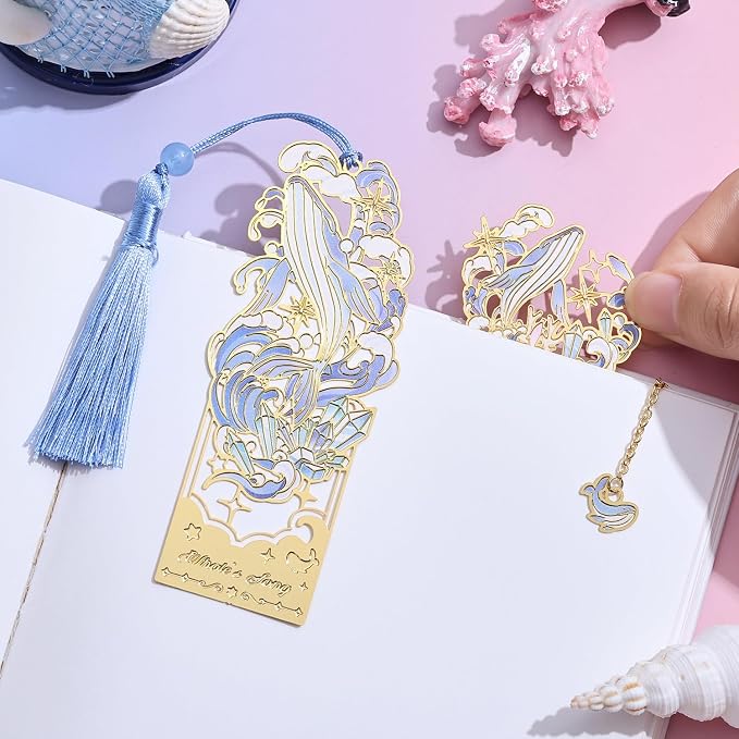 2 Pcs Metal Bookmark Gift Box, Golden Hollow Bookmarks Ocean Painting Theme Book Mark for Women, Book Lovers Writers Readers and Teens, Perfect for Birthday and Graduation Gifts(Blue)