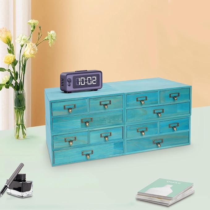 4 Pcs Vintage Wood Desktop Organizer, 4x3 Drawer Apothecary Cabinet with Metal Handles, Stackable Storage for Office Home School, Makeup Jewelry Tea Stationery Herbs