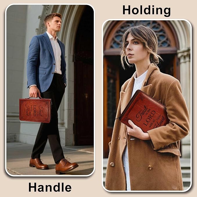 Extra Large Bible Cover Case for Men Women, Mens Bible Covers Cases Leather Bible Cover Carrying Case for Women Men with Handle Zippered Bible Book Cover Holder Bag Case (Brown, XL)