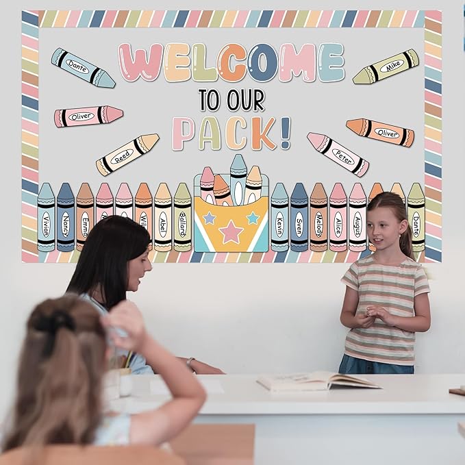 Boho Welcome to Our Pack Bulletin Board Set Crayons Back to School Classroom Decorations Colorful Crayon Theme Name Tags Crayon Box Star Cutouts for Classroom Teachers Chalkboard Home Wall Door Decor