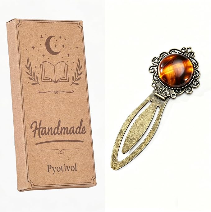 1Pcs Vintage Tiger Eye Bookmark with Natural Crystal Stone - Unique Brass Metal Bookmarks for Reading Women, Men, Book Lovers, Girls and Teachers Book Marks(Tiger Eye)