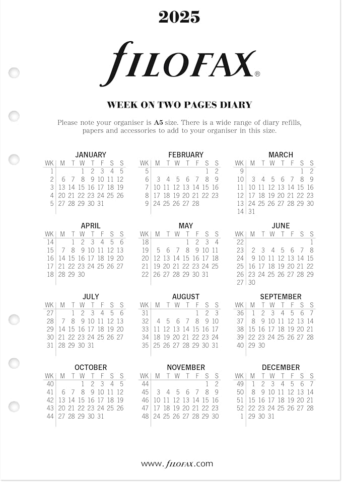 Filofax Calendar Diary Refill, A5 Size, Week-to-View with Appointments, Time Management, White Paper, Ruled, English, 2025 (CTM7051-25)