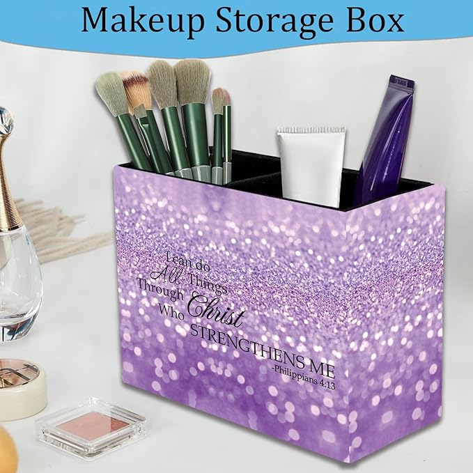 Pen Holder and Anti-Slip Mouse Pad Combination, Makeup Brush Storage Box, Tableware Storage Box, Suitable for Office and Home - Purple Glitter Quote Philippians 4-13