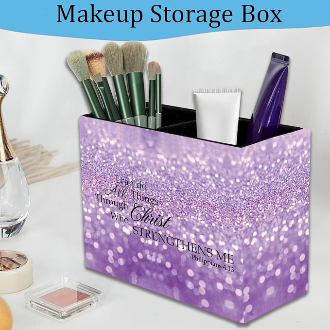 Pen Holder and Anti-Slip Mouse Pad Combination, Makeup Brush Storage Box, Tableware Storage Box, Suitable for Office and Home - Purple Glitter Quote Philippians 4-13