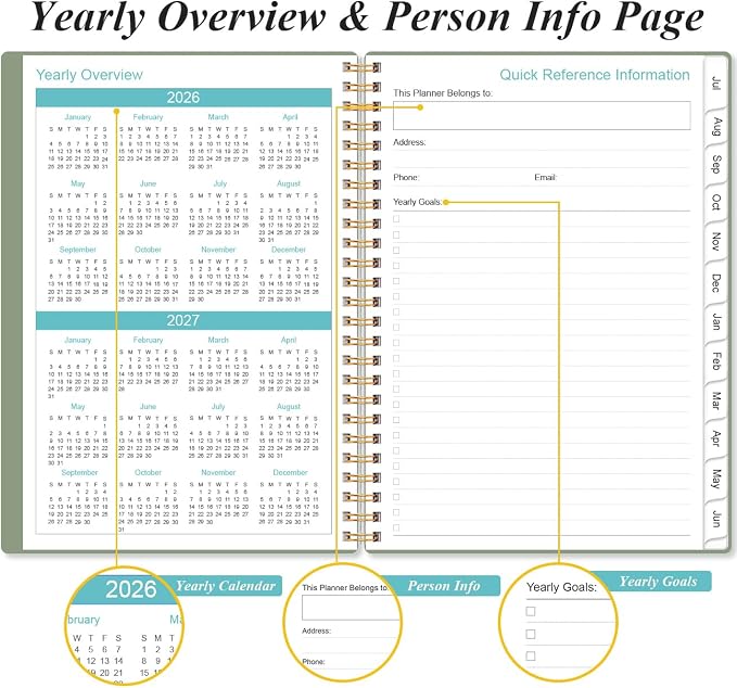 2026-2027 Planner - Planner 2026-2027 from July 2026 - June 2027, Weekly & Monthly Planner Spiral Bound with 12 Monthly Tabs, Inner Pocket, 6.4" x 8.5", Green-A