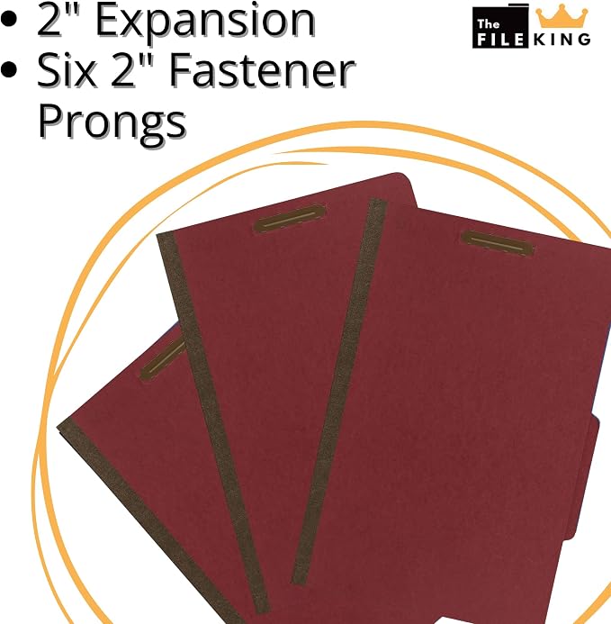 The File King Pressboard Classification Ruby Red Partition File Folder | Legal Size - Box of 10 | Two Dividers | Six 2” Durable Fastener Prongs | 2/5 Cut Top Tab | 2” Expansion