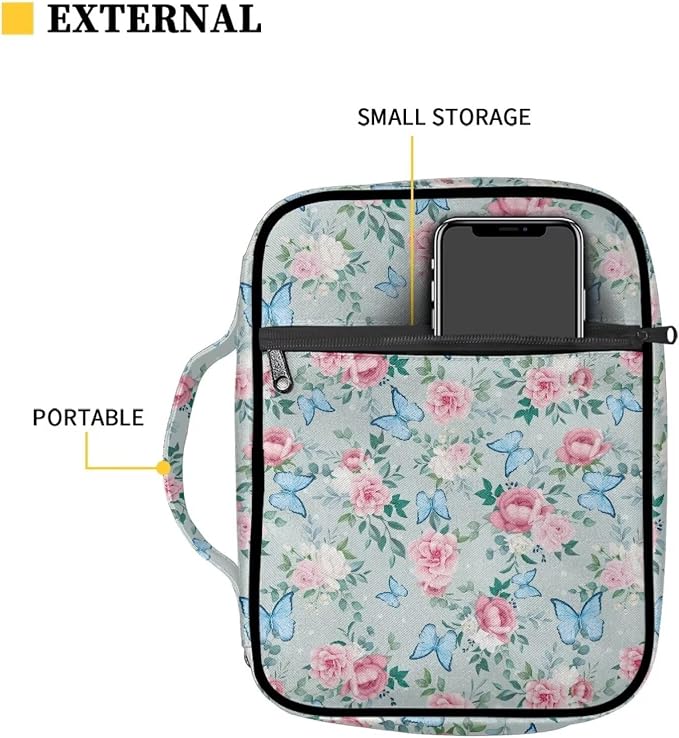 Coldinair Pink Rose Print Bible Covers for Women Blue Butterfly Carrying Book Case Church Bag Bible Protective with Bookmark with Zippered Pocket Church Bag Bible Protective Handbag