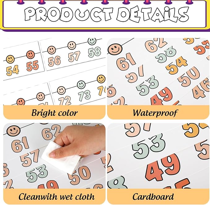 Whaline 32 Pcs Boho Number Line Bulletin Board Colorful Smile Face Number Line Boarder Strips Math Borders for Home Back to School Classroom Wall Decor
