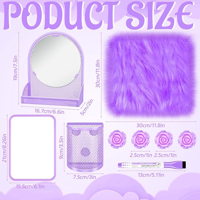 8 Pcs Locker Accessories for Girls with Purple Magnetic Mirror, Magnetic Pen Holders, Cute Flower Magnets, Cute Locker Decor Backing for Girls in Middle School Locker Stuff for Girls