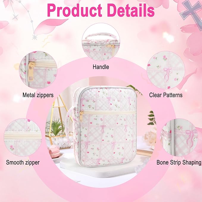 Zkptops Bible Cover Case for Women Large Bible Bag Cotton Quilted Bible Carrying Case with Zipper Pocket and Handle Carrying Book Cover for Christian Study Supplies Christian Gift(Bow Flower)