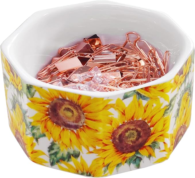 Ceramic Paper Clip Holder Gold Line Paper Clip Dispenser Organizer for Desk Cute Floral Flower Pattern Office Binder Clip Holder Bobby Pin and Hair Clip Holder Gift for Office Sunflowers