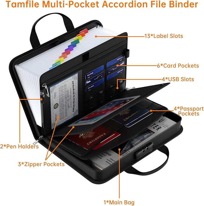 Fireproof Accordion File Organizer with Lock, 5200℉ Document Organizer | Thickened, 13 Clear Pocket, with Zipper & Labels, Important Document Organizer, Expanding File Folder, with Handle, Black