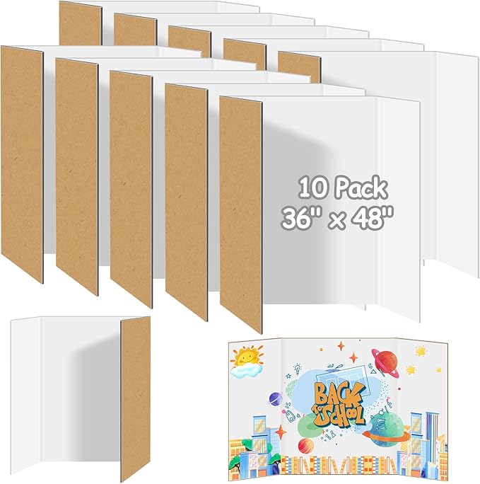 10 Pack Trifold Poster Board Bulk, 36" X 48" White Presentation Display Board, Large Tri Fold Poster Corrugated Cardboard for Displaying Photo, Science Fair, School Project, Event and Competition
