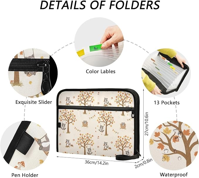 Cute Racoon Woodland Cartoon File Folders,Plastic Folders with 13 Pockets,Expandable File Folder for Documents School Students Office,Aesthetic Folder with Labels A4 Letter Size