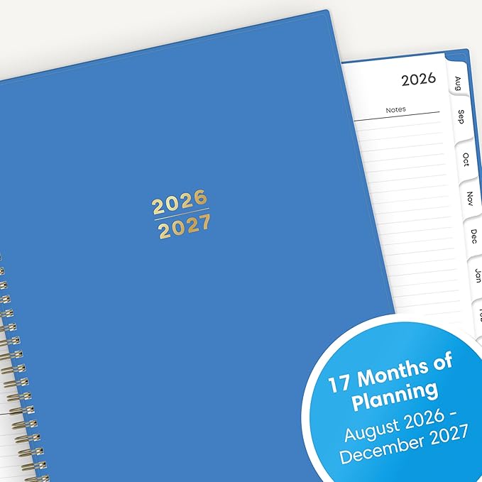 Blue Sky 17 Month 2026-2027 Weekly and Monthly Academic Year Planner Calendar, August 2026 - December 2027, 8.5" x 11", Flexible Cover, Wirebound, Laminated Tabs, Azure