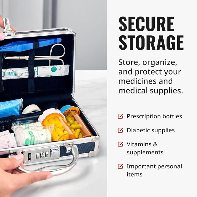 Vaultz Locking Medicine Case with Combination Lock - Portable Lock Box Briefcase for Medications, Cash & Valuables, Organized Storage Case with Handle, 1 Pack (8.38x5.75x2.75)
