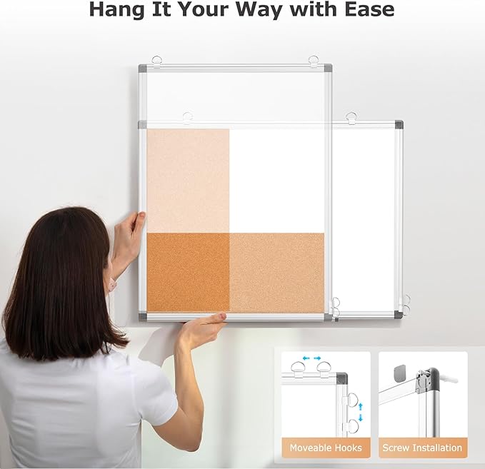 WALGLASS Dry Erase Cork Board Combo, 24"X18" White Bulletin Board for Wall, Magnetic Corkboard Whiteboard Combination, Vision Board for Office, Home, School