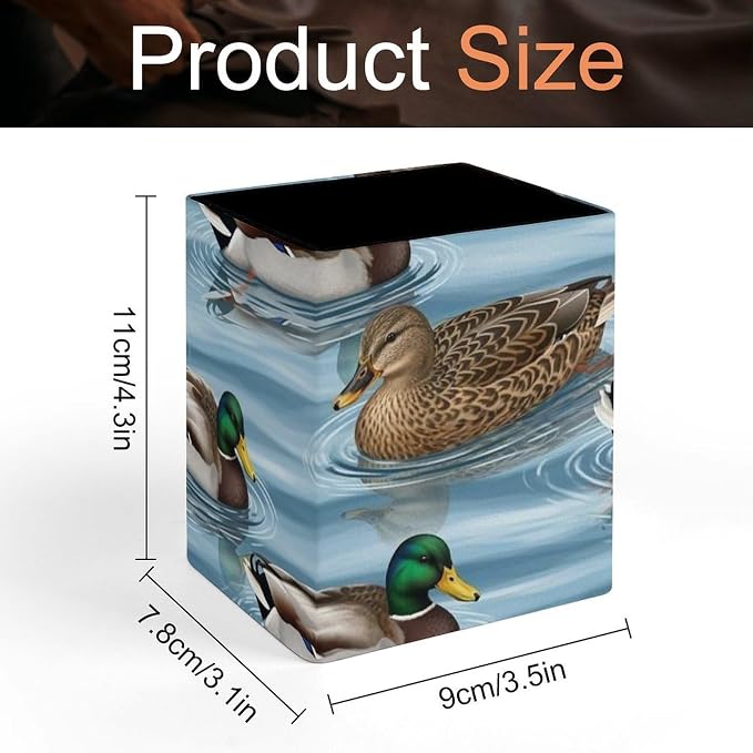 Pen Holder Square Leather Pencil, Holder Cup Makeup Brush Storage Organizer, Waterproof Multifunctional Office Supplies Blue Animals Mallard Ducks Wild Birds