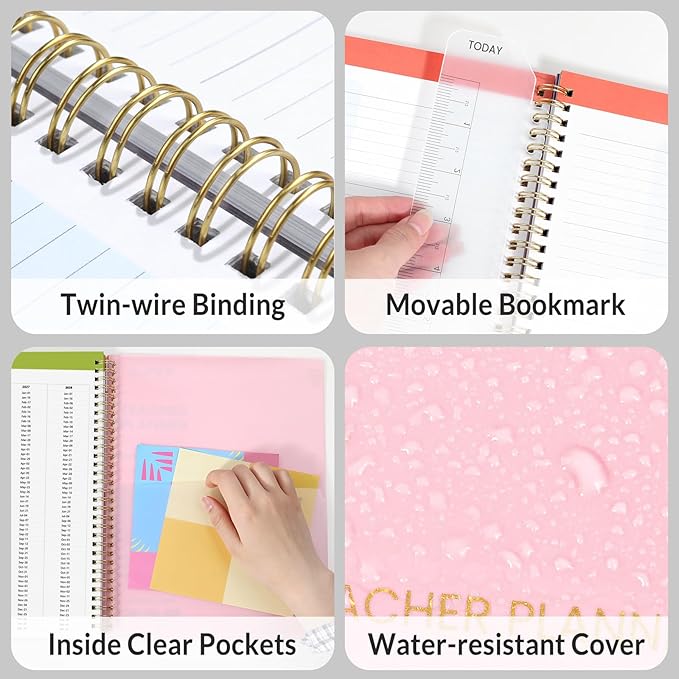 SUNEE Teacher Planner 2026-2027 Academic Year, Lite Lesson Planner Book with 7 Periods Jul 2026 - Jun 2027, 8.5"x11" Daily Weekly and Monthly Organizers, Plan Book with Pocket Folder, Color Tabs,Pink